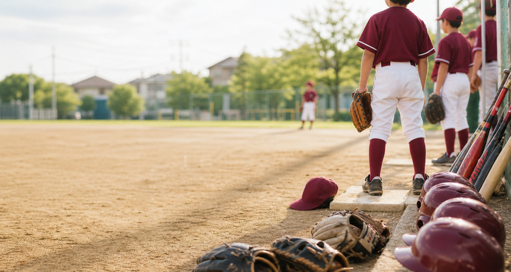 えんじ色のユニフォームで練習する少年野球チーム